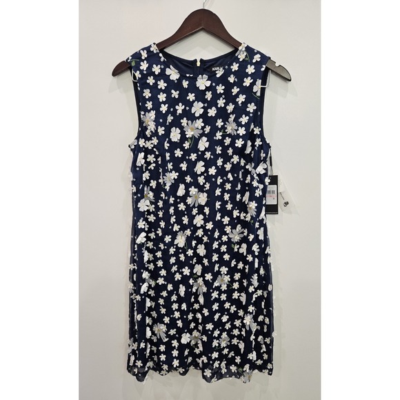 Karl Lagerfeld Paris Navy Floral 3D Flower Sleeveless Shift Dress NWT Sz 10 - Picture 2 of 6